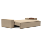 The Newilla Sleeper Sofa from Innovation Living with wide arms and phobos mocha 587 upholstery setup as a bed.
