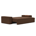 The Newilla Sleeper Sofa from Innovation Living with wide arms and taura cappuccino 359 upholstery setup as a bed.