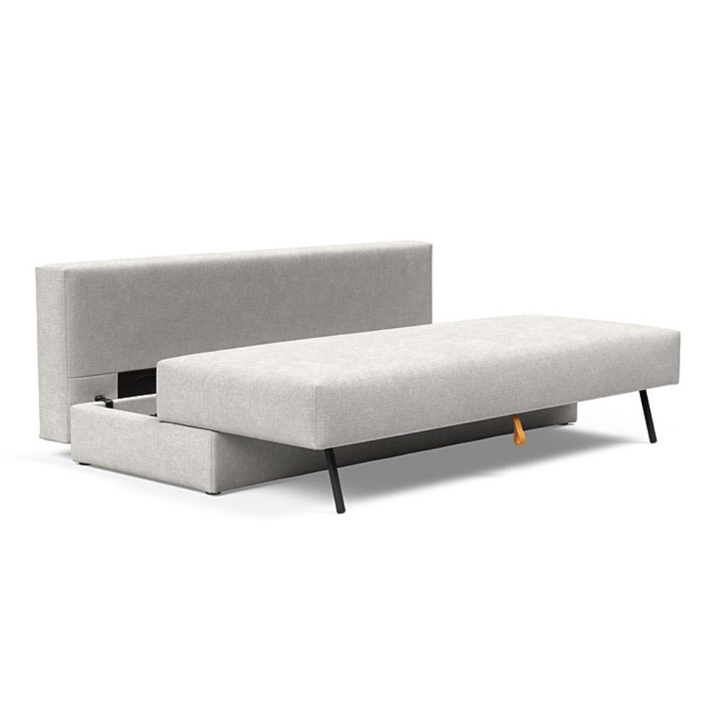 The Osvald Sofa Bed from Innovation Living with adario fog 256 upholstery showing the internal storage space of the couch.