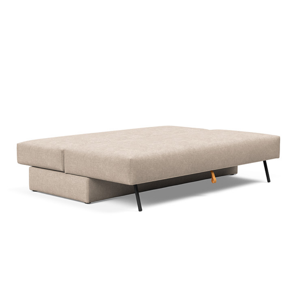 The Osvald Sofa Bed from Innovation Living with adario taupe 257 upholstery setup as a bed.