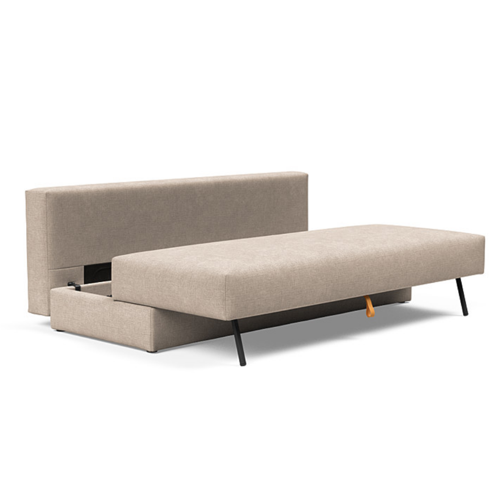 The Osvald Sofa Bed from Innovation Living with adario taupe 257 upholstery showing the internal storage space of the pull out couch.