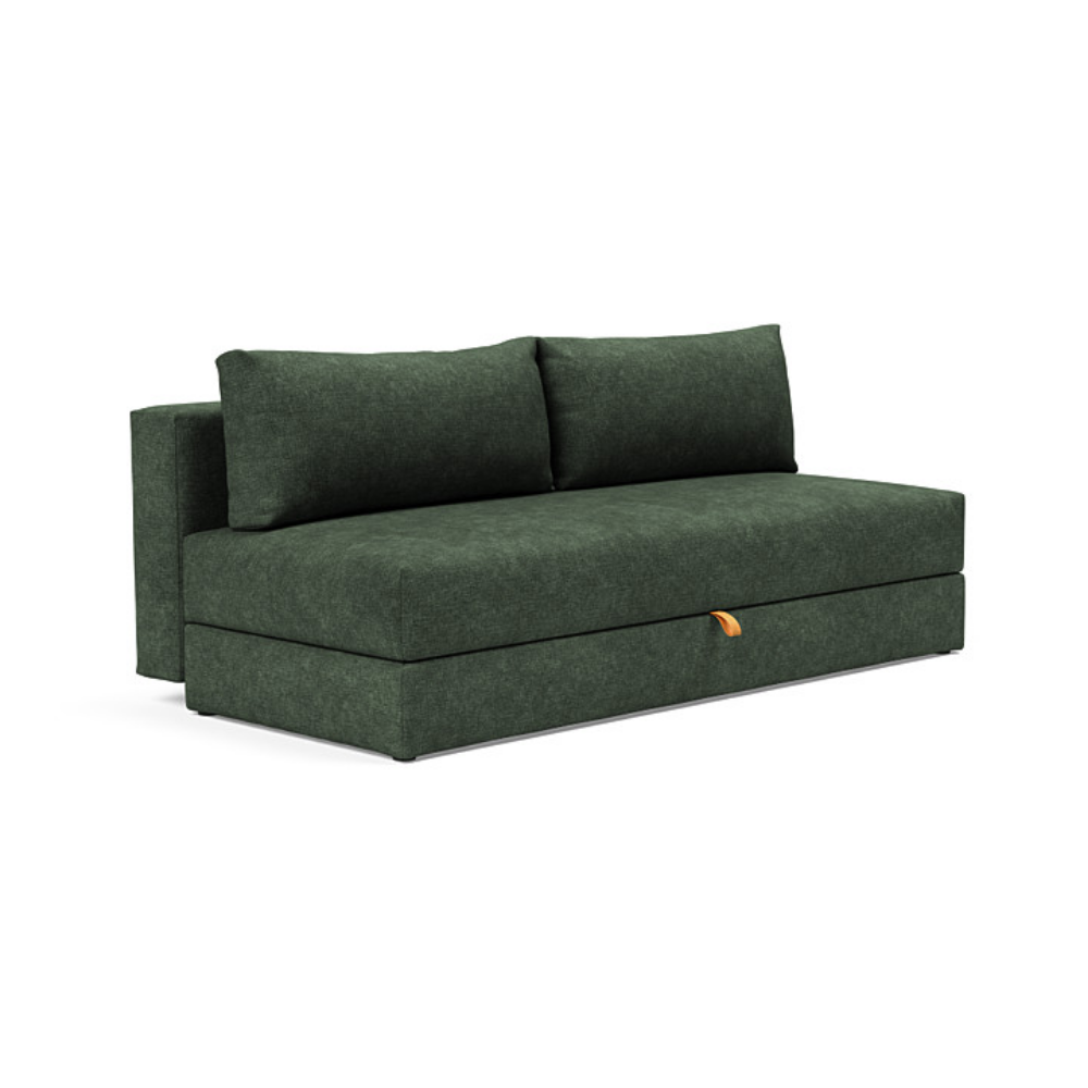 The Osvald Sofa Bed from Innovation Living with avella pine green 281 upholstery setup as a sofa.