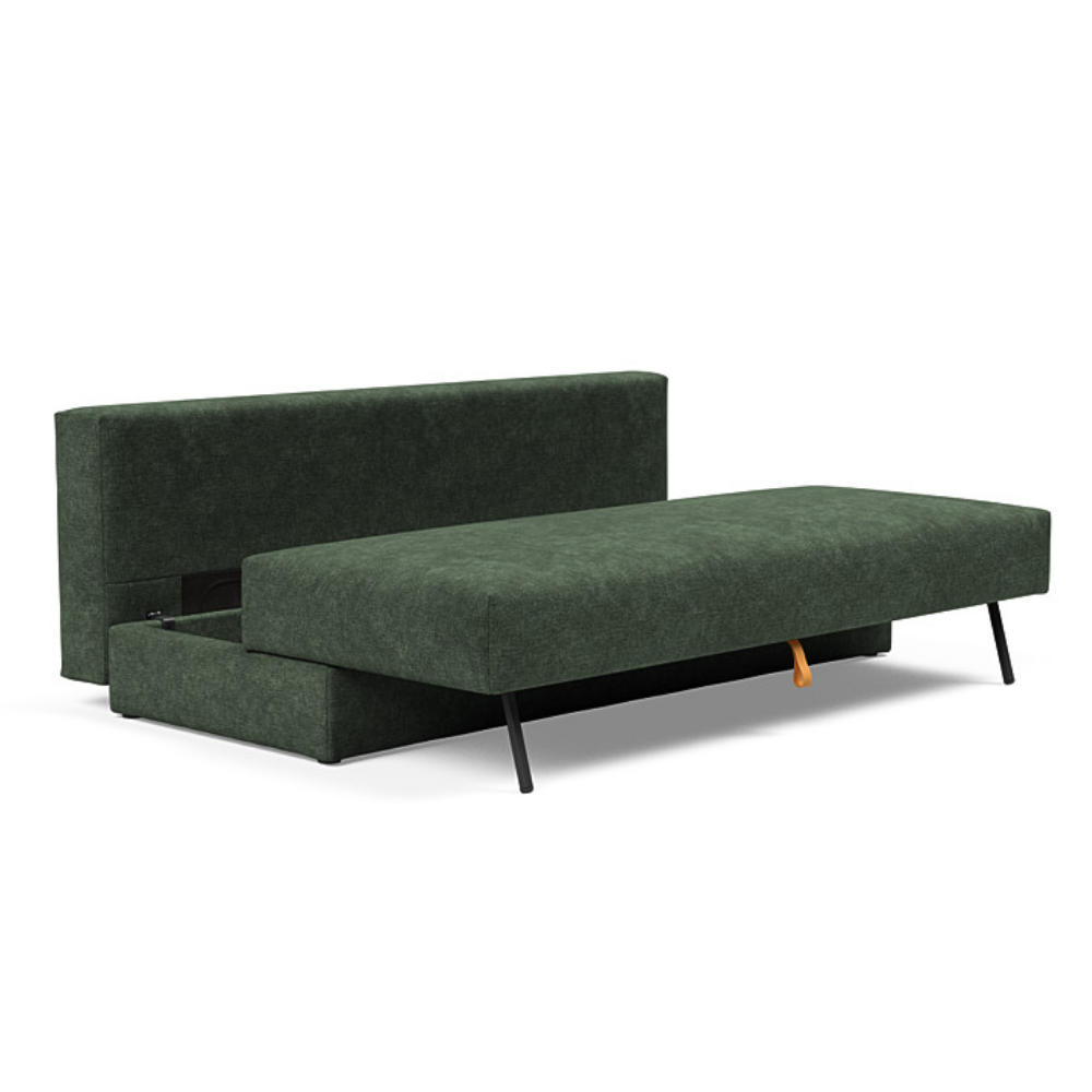 The Osvald Sofa Bed from Innovation Living with avella pine green 281 upholstery showing the internal storage space of the couch.