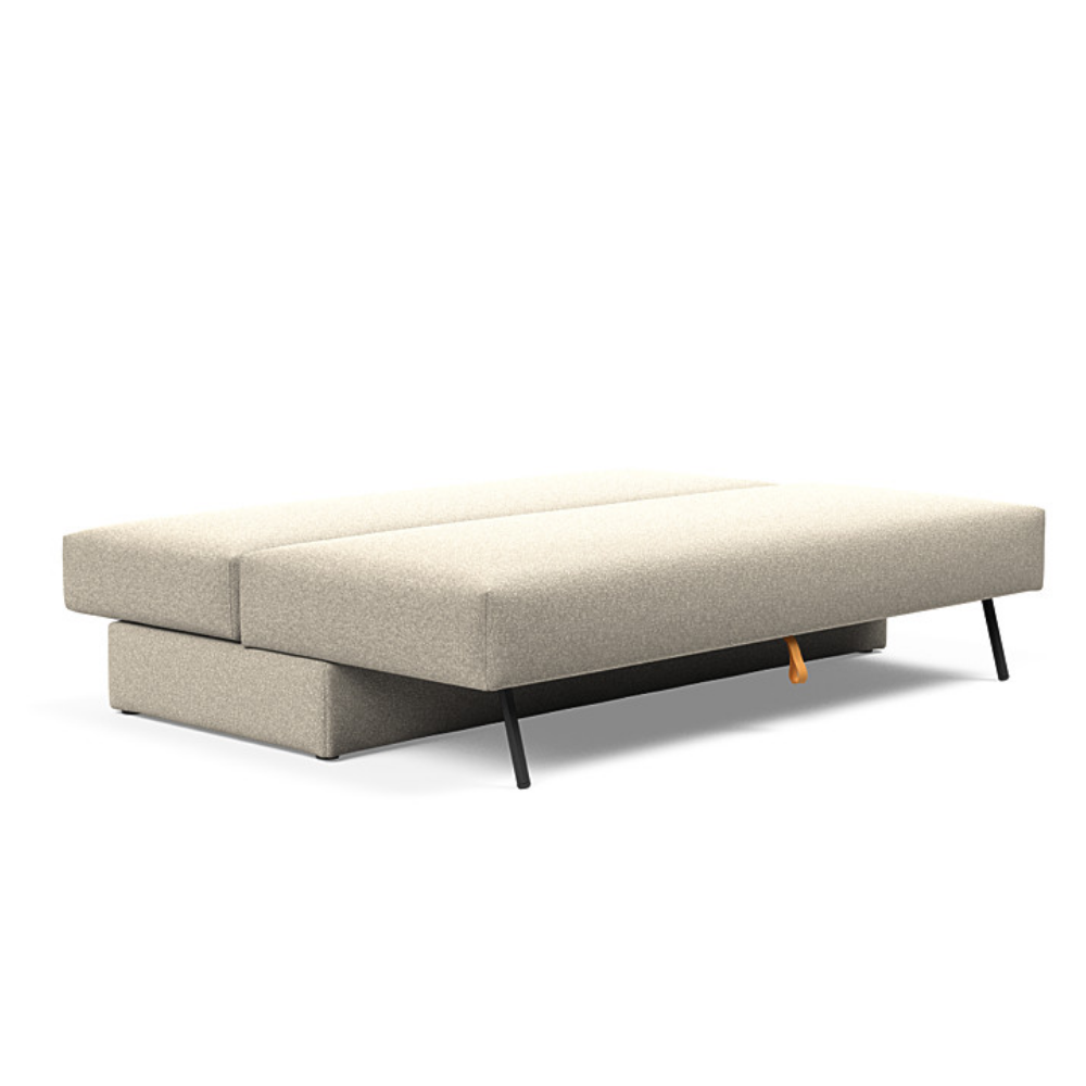 The Osvald Sofa Bed from Innovation Living with boucle beige 539 upholstery setup as a bed.