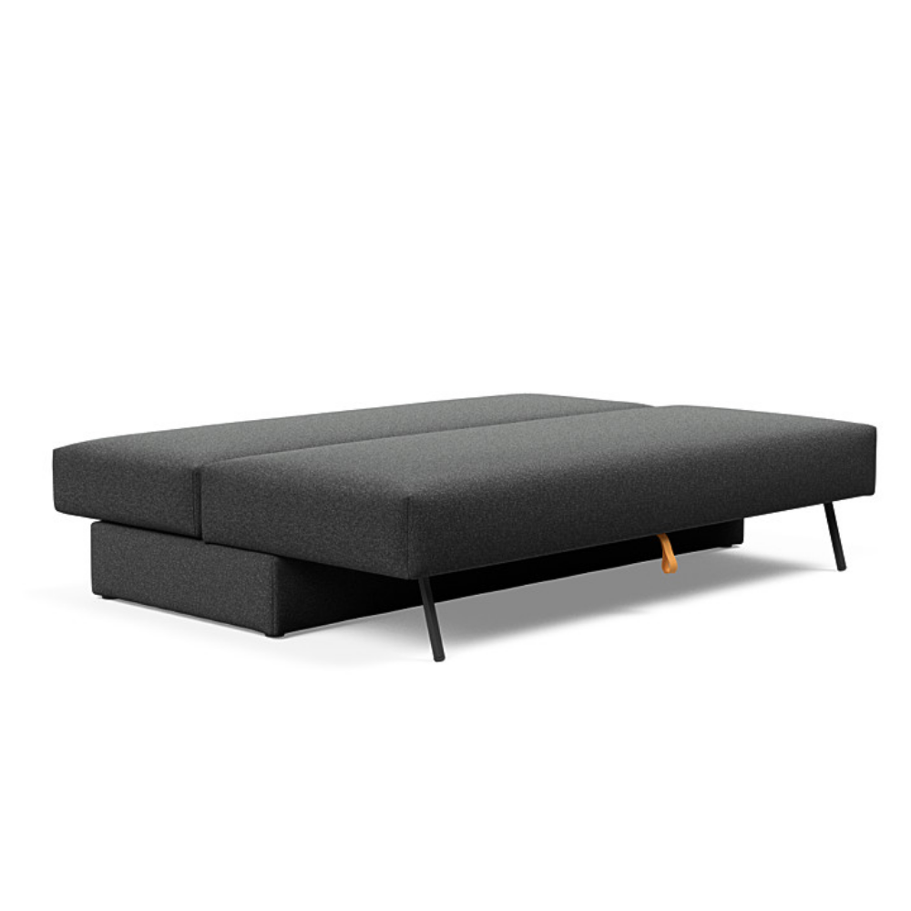 The Osvald Sofa Bed from Innovation Living with boucle charcoal 529 upholstery setup as a bed.