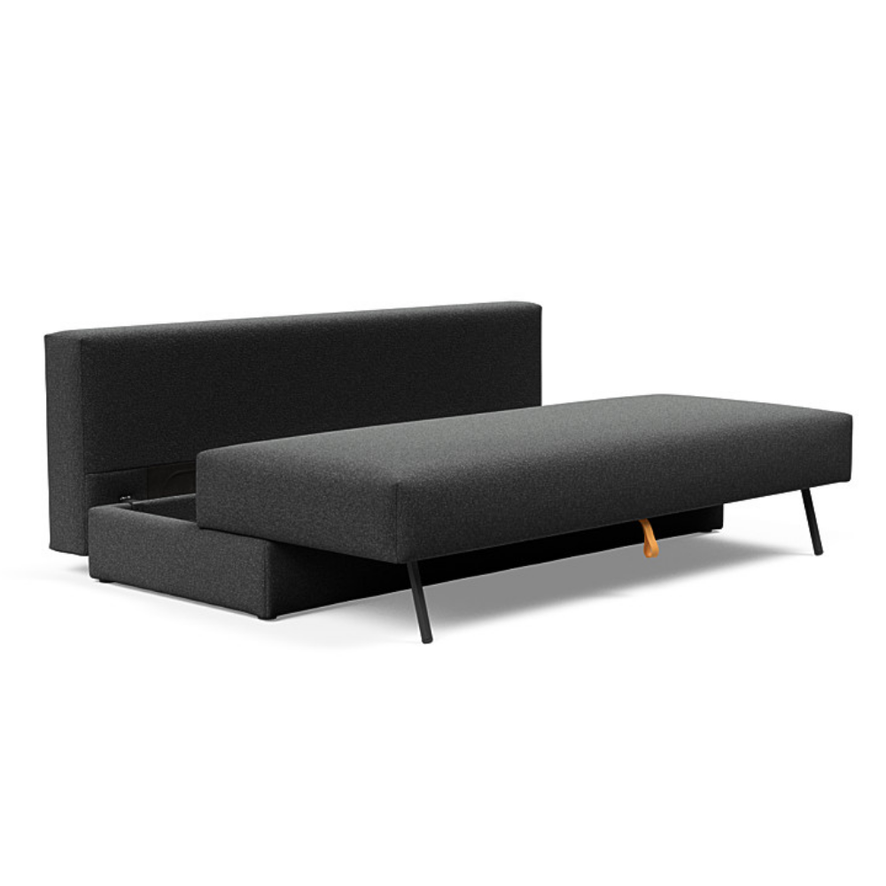 The Osvald Sofa Bed from Innovation Living with boucle charcoal 529 upholstery showing the storage unit within the couch.