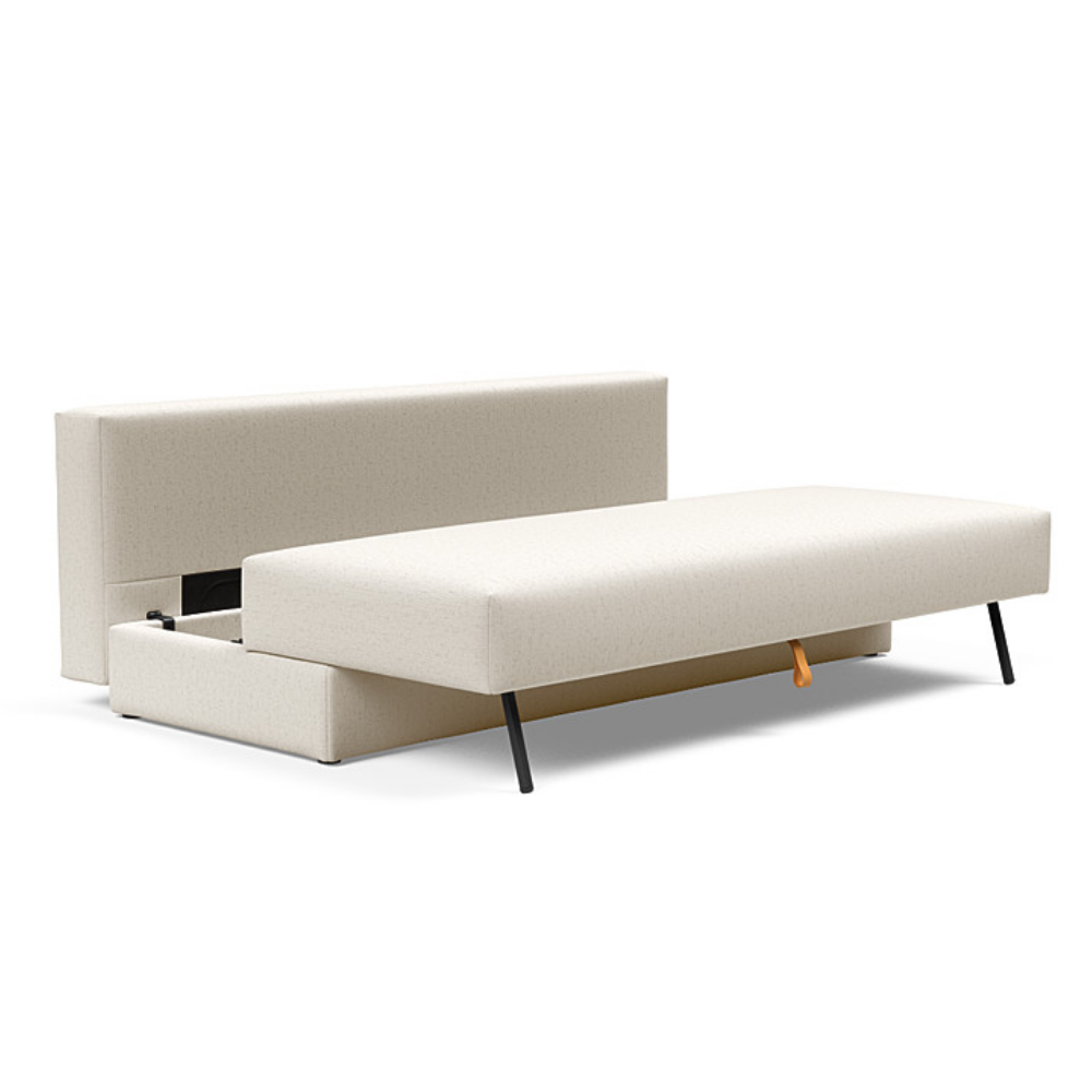 The Osvald Sofa Bed from Innovation Living with boucle off white 531 upholstery highlighting the storage space within the couch.