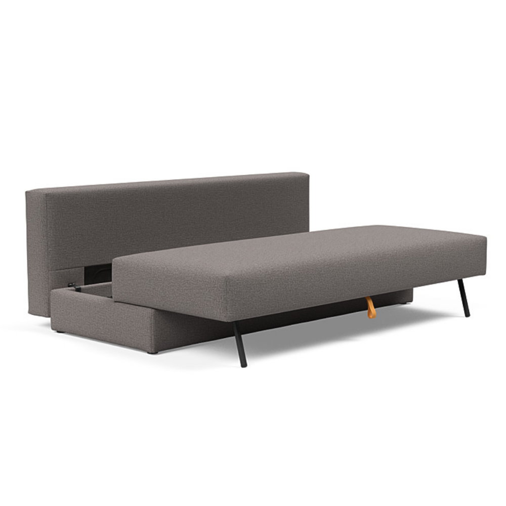 The Osvald Sofa Bed from Innovation Living with mixed dance grey 521 upholstery showing the storage area.