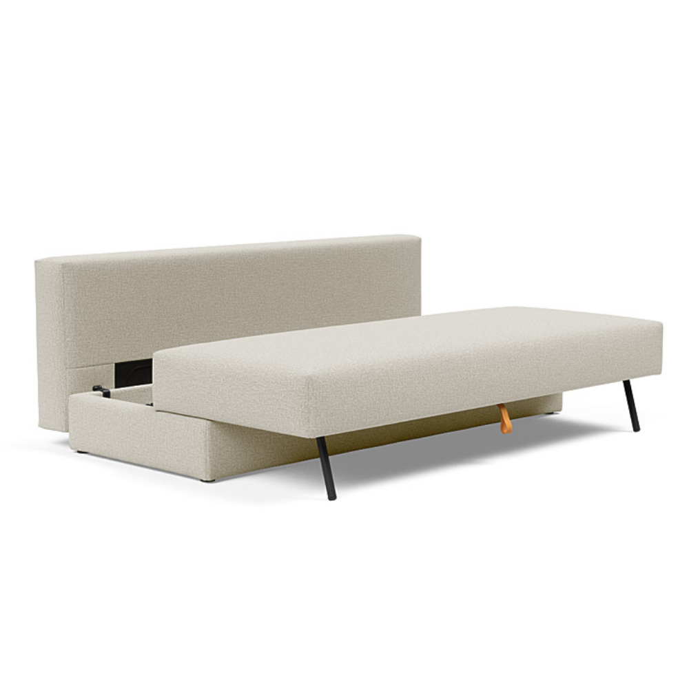 The Osvald Sofa Bed from Innovation Living with mixed dance natural 527 upholstery showing the storage space.