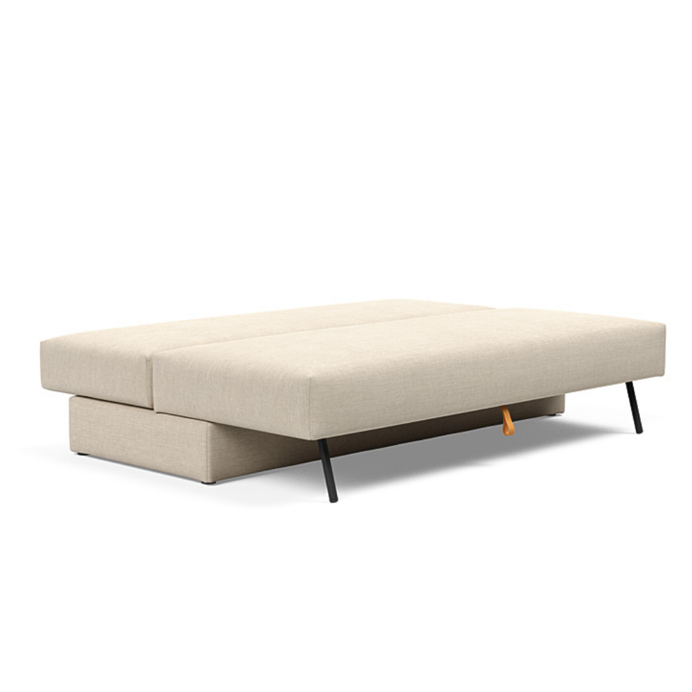The Osvald Sofa Bed from Innovation Living with phobos latte 586 upholstery setup as a bed.