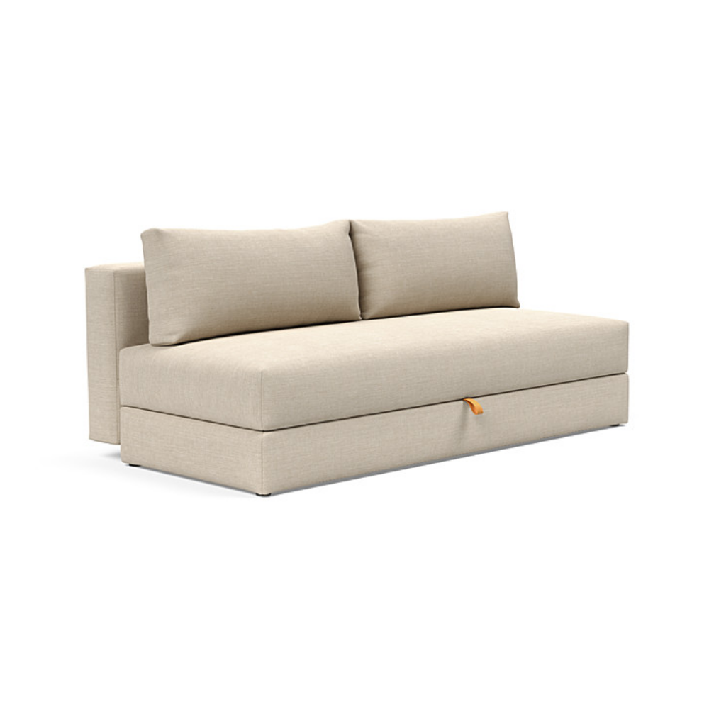 The Osvald Sofa Bed from Innovation Living with phobos latte 586 upholstery setup as a sofa.