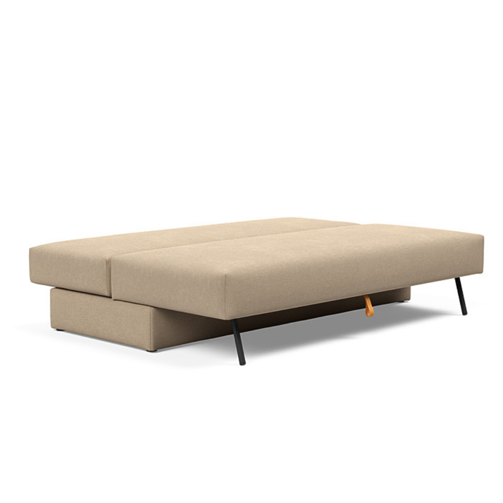 The Osvald Sofa Bed from Innovation Living with phobos mocha 587 upholstery setup as a bed.