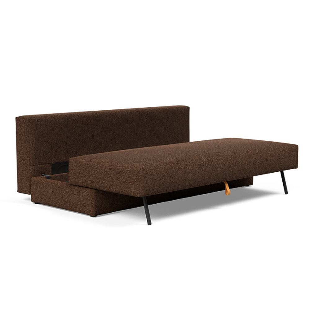 The Osvald Sofa Bed from Innovation Living with taura cappuccino 359 upholstery showing the internal storage space of the pull out couch.