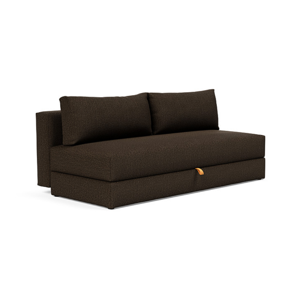 The Osvald Sofa Bed from Innovation Living with taura chocco 358 upholstery setup as a sofa.