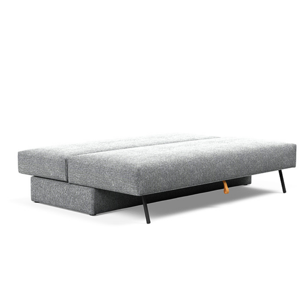 The Osvald Sofa Bed from Innovation Living with taura slate grey 351 upholstery setup as a bed.