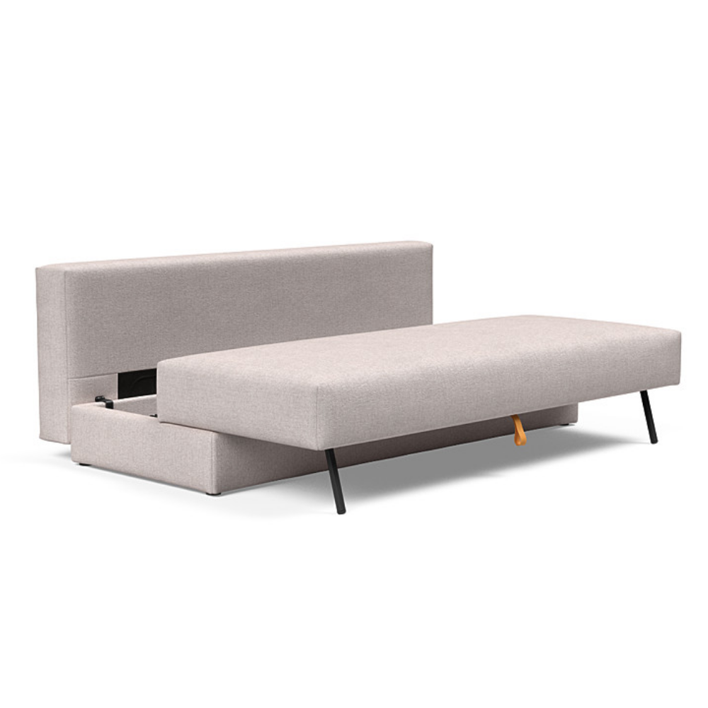 The Osvald Sofa Bed from Innovation Living with weda sand 300 upholstery highlighting the internal storage space.