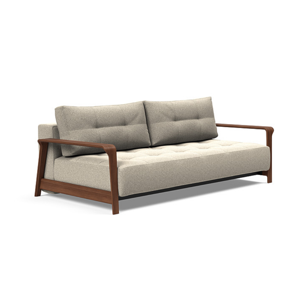 The Ran D.E.L Sofa Bed from Innovation Living with boucle beige 539 upholstery setup as a sofa.