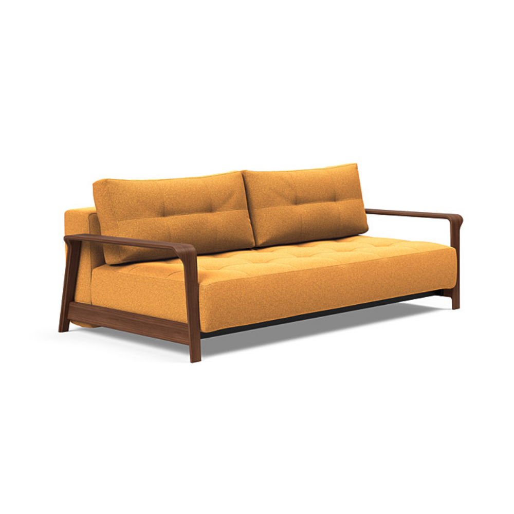 The Ran D.E.L Sofa Bed from Innovation Living with boucle ochre 536 upholstery setup as a sofa.