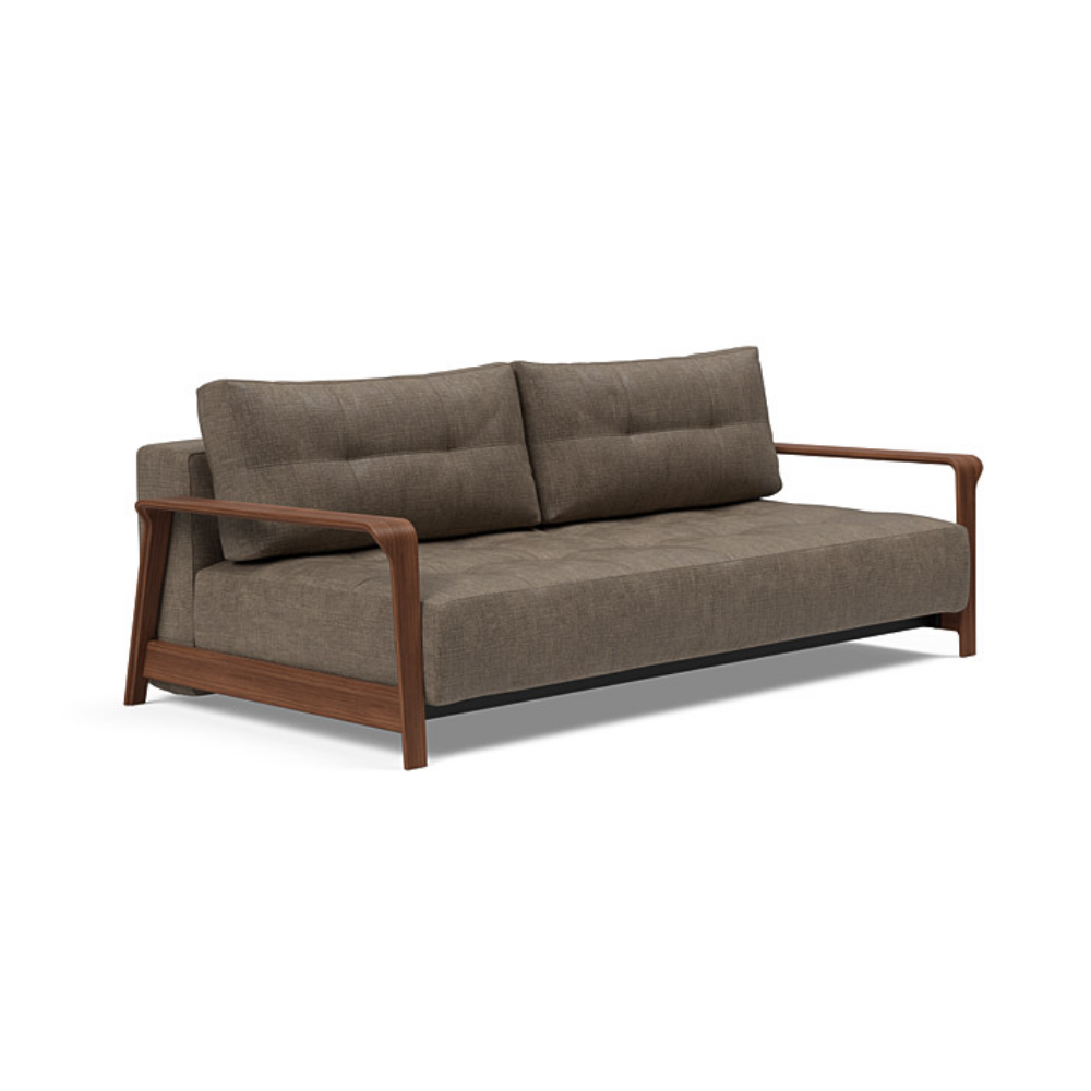 The Ran D.E.L Sofa Bed from Innovation Living with esina cedar brown 411 upholstery setup as a sofa.