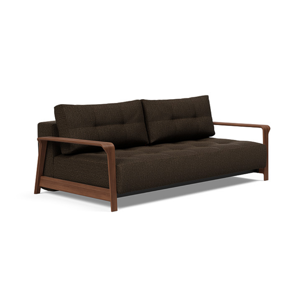 The Ran D.E.L Sofa Bed from Innovation Living with taura chocco 358 upholstery setup as a sofa.
