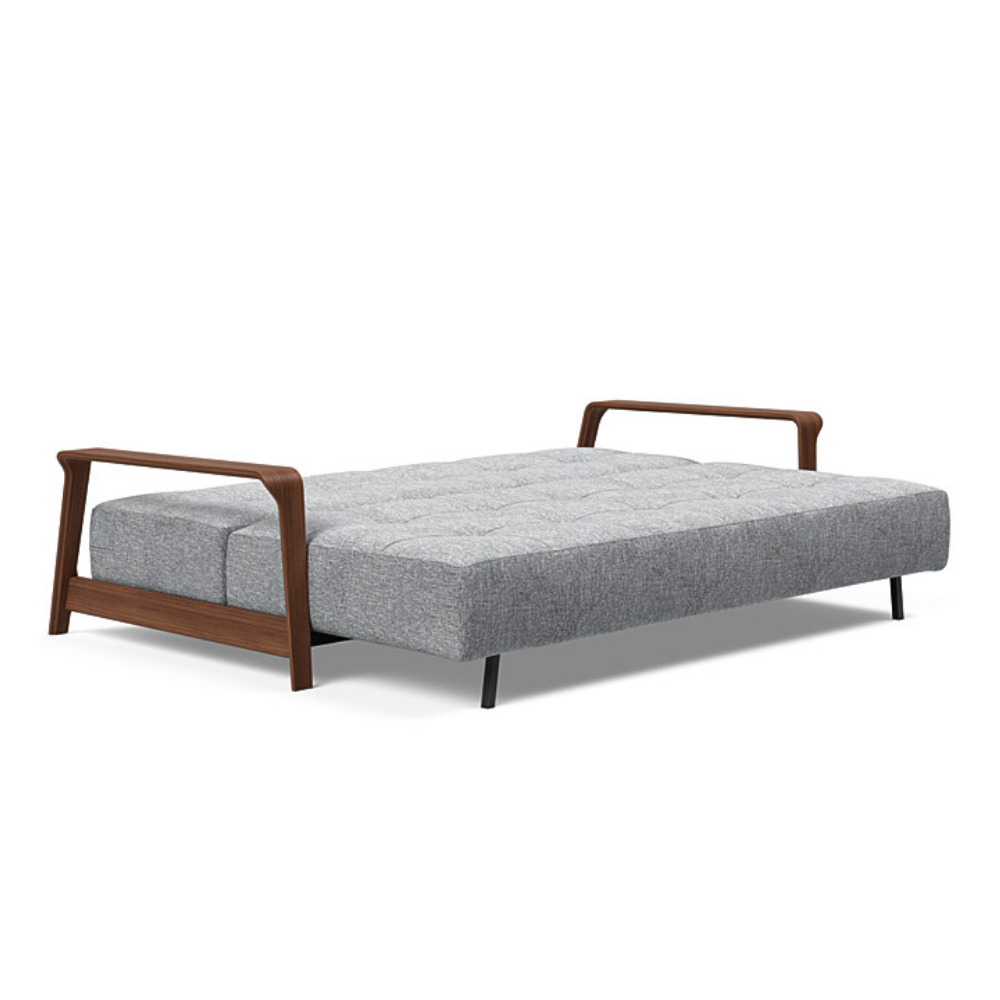 The Ran D.E.L Sofa Bed from Innovation Living with twist granite 565 upholstery setup as a bed.
