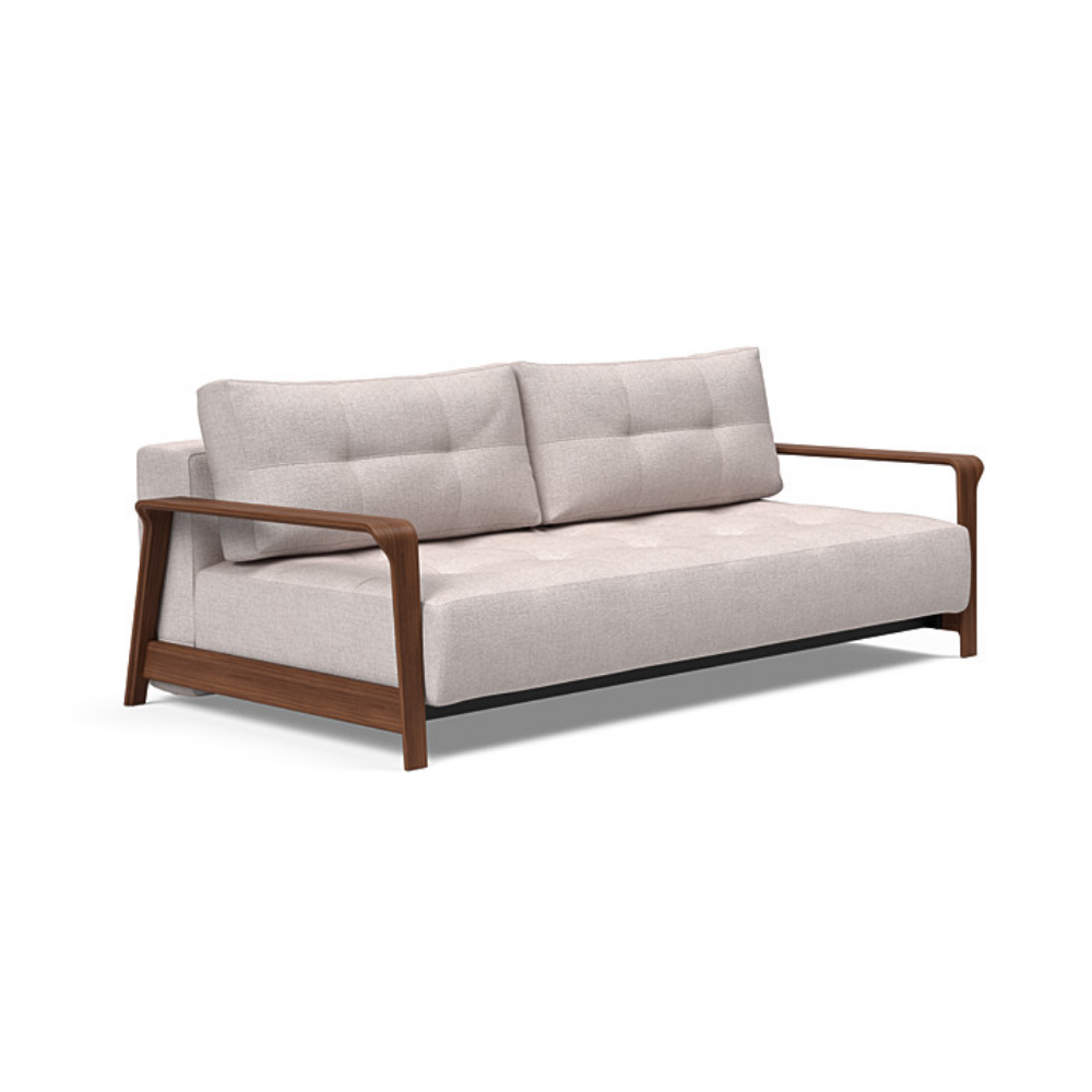 The Ran D.E.L Sofa Bed from Innovation Living with weda sand 300 upholstery setup as a sofa.