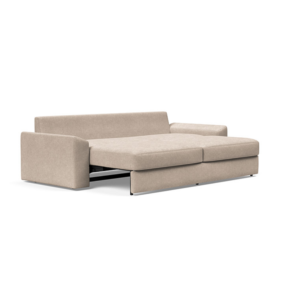 The Vilander Sleeper Sofa With Cushion Arms from Innovation Living with adario taupe 257 upholstery setup as a bed.