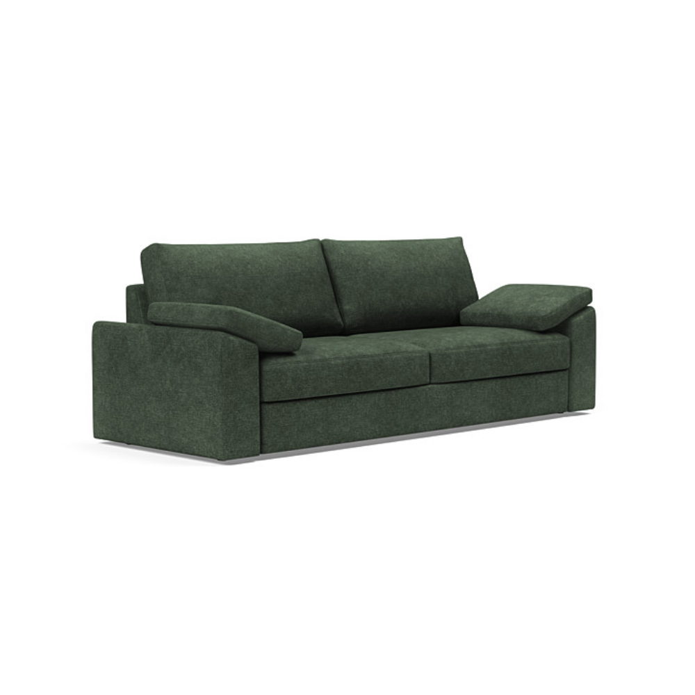 The Vilander Sleeper Sofa With Cushion Arms from Innovation Living with avella pine green 281 upholstery setup as a couch.