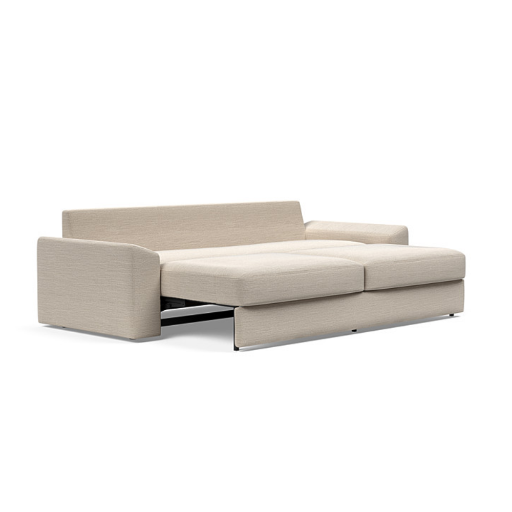 The Vilander Sleeper Sofa With Cushion Arms from Innovation Living with blida sand grey 612 upholstery setup as a bed.
