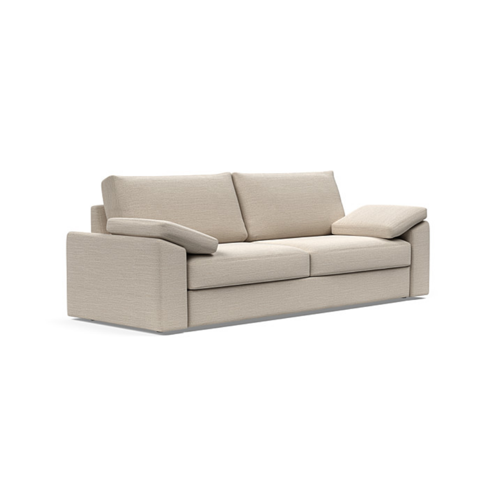 The Vilander Sleeper Sofa With Cushion Arms from Innovation Living with blida sand grey 612 upholstery setup as a couch.