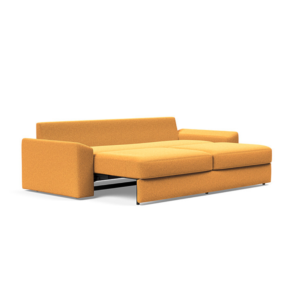 The Vilander Sleeper Sofa With Cushion Arms from Innovation Living with boucle ochre 536 upholstery setup as a bed.