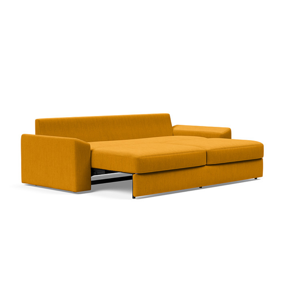 The Vilander Sleeper Sofa With Cushion Arms from Innovation Living with elegance burned curry 507 upholstery setup as a bed.