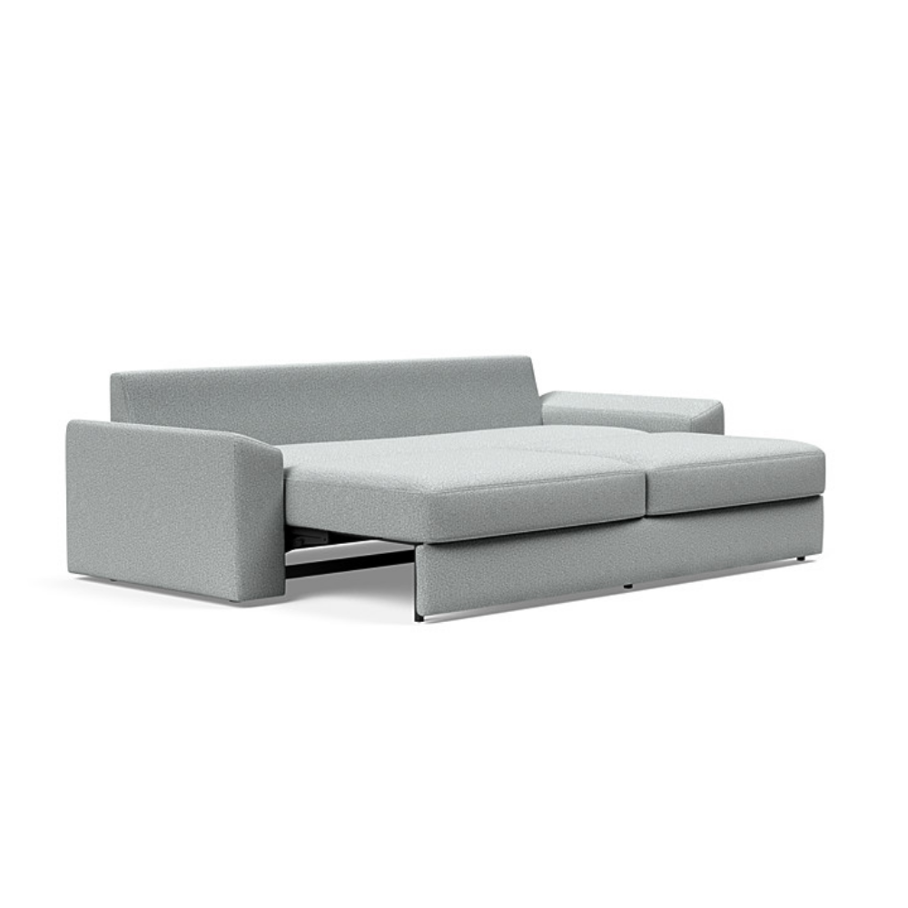 The Vilander Sleeper Sofa With Cushion Arms from Innovation Living with melange light grey 538 upholstery setup as a bed.