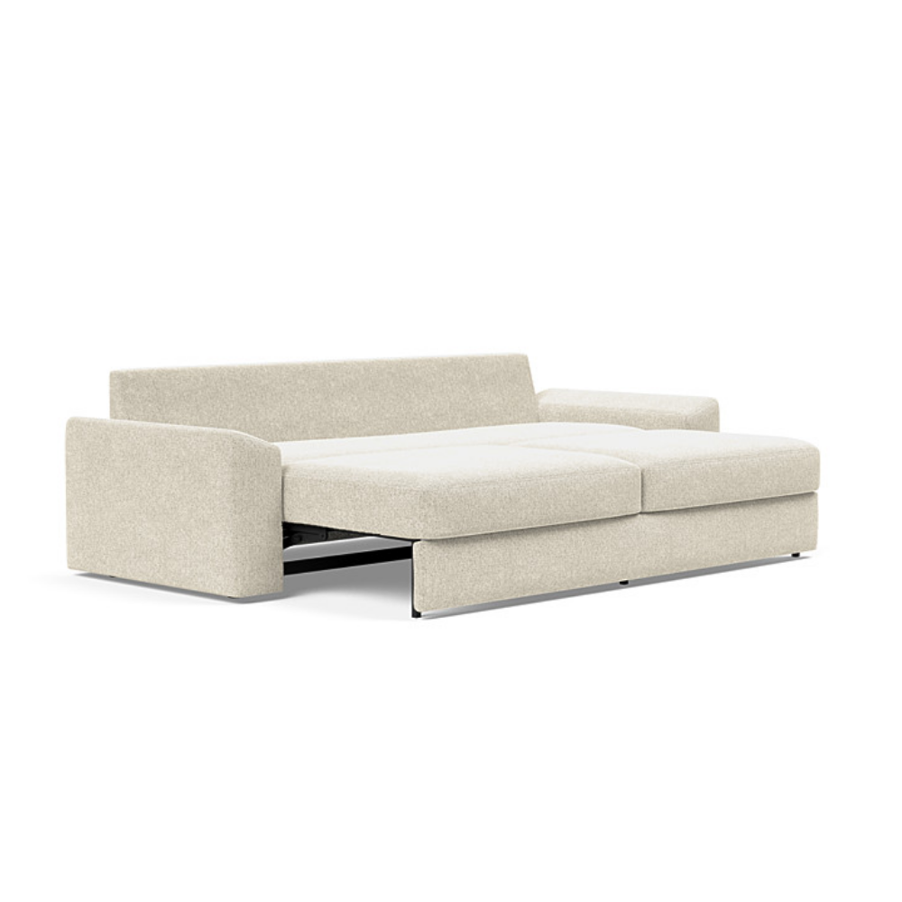 The Vilander Sleeper Sofa With Cushion Arms from Innovation Living with taura off white 357 upholstery setup as a bed.