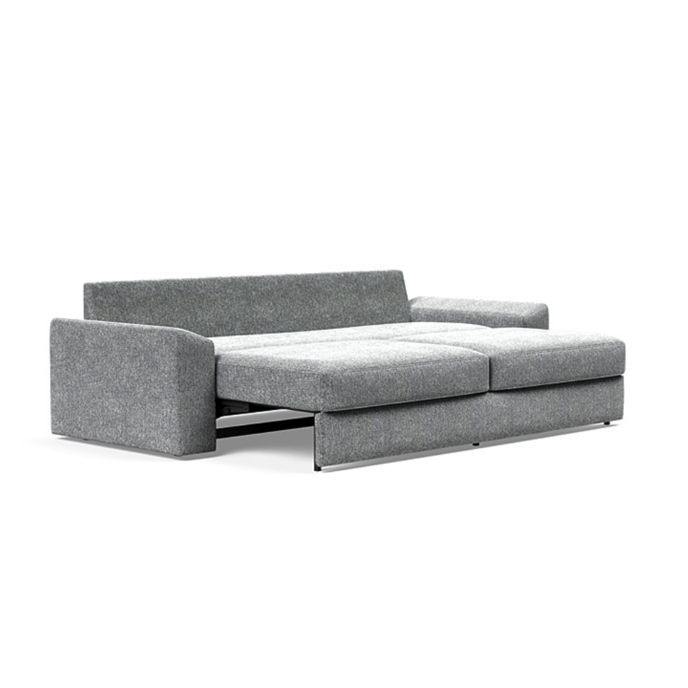 The Vilander Sleeper Sofa With Cushion Arms from Innovation Living with taura slate grey 351 upholstery setup as a bed.