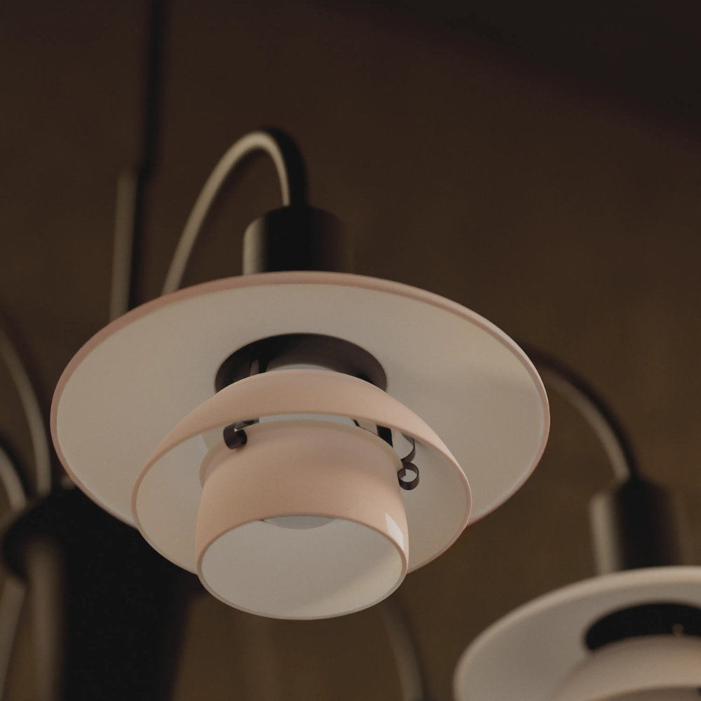 Detailed image of the PH 1/1 Chandelier, 6-Light by Louis Poulsen turned off.