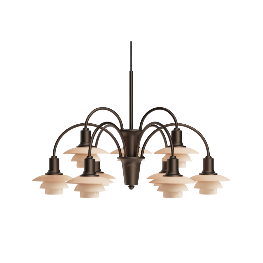 The PH 1/1 Chandelier, 9-Light by Louis Poulsen turned off.