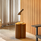 The AJ Mini Table Lamp by Louis Poulsen in Brass/Warm Grey on a side table