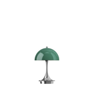 The Panthella 160 Portable Lamp from Louis Poulsen in Original Opal Green turned off.
