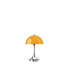 The Panthella 160 Portable Lamp from Louis Poulsen in Original Opal Orange turned on.