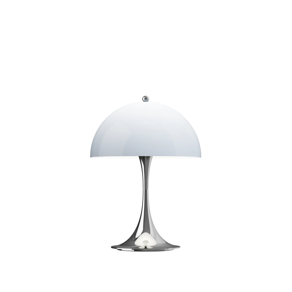 The Panthella 250 Portable Table Lamp from Louis Poulsen in Chrome Opal Beige turned on.