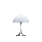 The Panthella 250 Portable Table Lamp from Louis Poulsen in Chrome Opal Beige turned on.