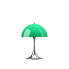 The Panthella 250 Portable Table Lamp from Louis Poulsen in Original Opal Green turned on.