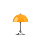 The Panthella 250 Portable Table Lamp from Louis Poulsen in Original Opal Orange turned on.
