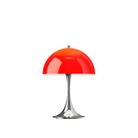 The Panthella 250 Portable Table Lamp from Louis Poulsen in Original Opal Red turned on.