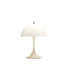 The Panthella 250 Portable Table Lamp from Louis Poulsen in Opal Beige turned on.