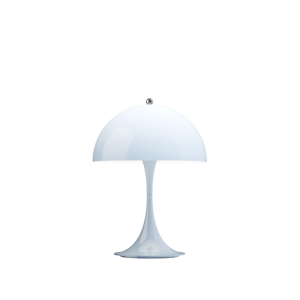 The Panthella 250 Portable Table Lamp from Louis Poulsen in Opal Pale Blue turned on.