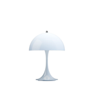 The Panthella 250 Portable Table Lamp from Louis Poulsen in Opal Pale Blue turned on.