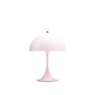 The Panthella 250 Portable Table Lamp from Louis Poulsen in Opal Pale Rose turned on.