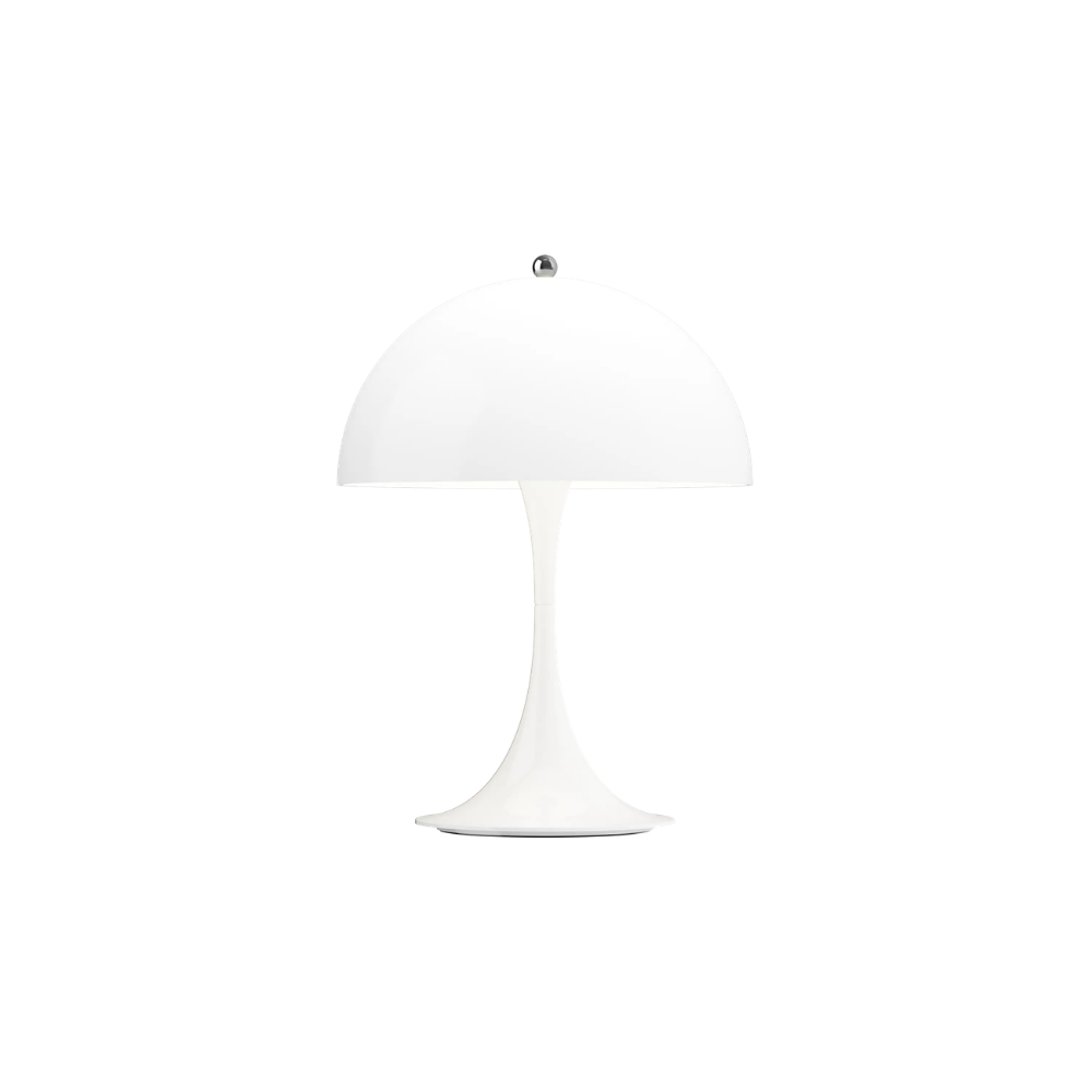 The Panthella 250 Portable Table Lamp from Louis Poulsen in Opal White turned on.